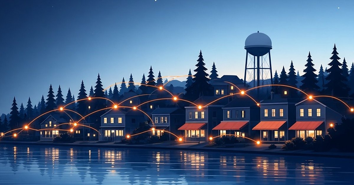 Illustration of a lakeside town at dusk, with glowing lines connecting the homes.