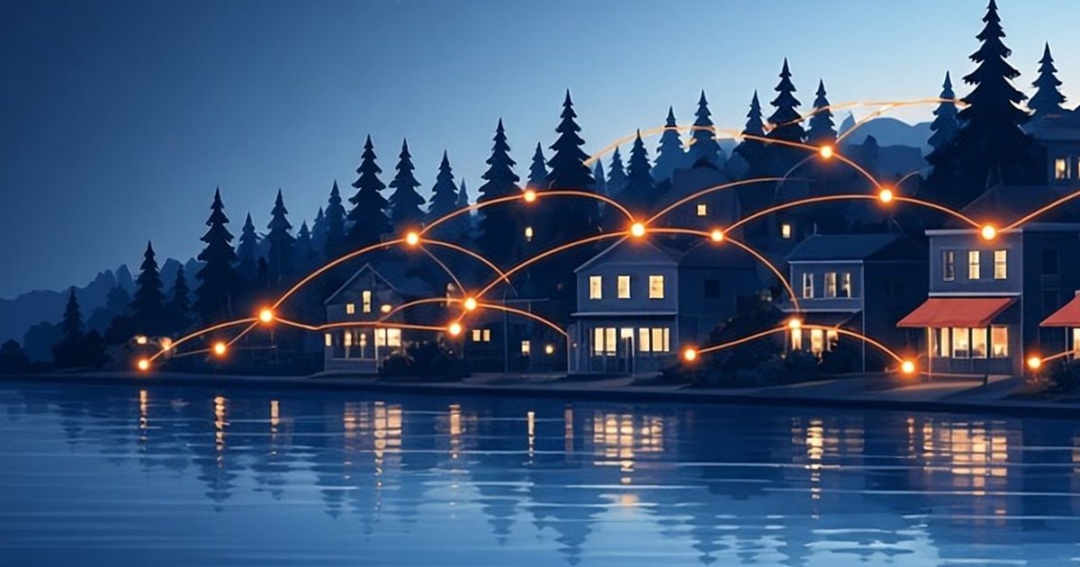 Illustration of homes along a lake at dusk, linked by glowing lines and reflected in the water.