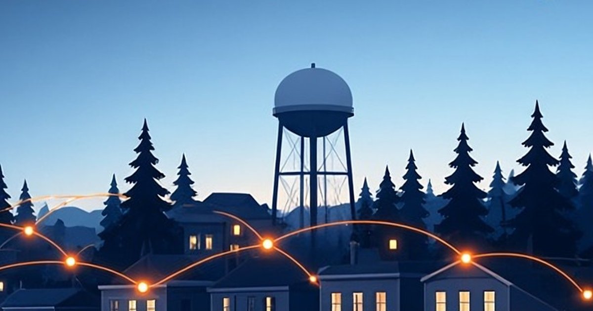 Illustration of a water tower above a row of homes at dusk, linked by glowing lines.